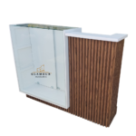 21 Mostrador Alma con Vitrina de Cristal y frente decorativo de madera