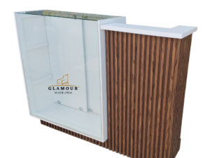 Mostrador Alma con Vitrina de Cristal y frente decorativo de madera