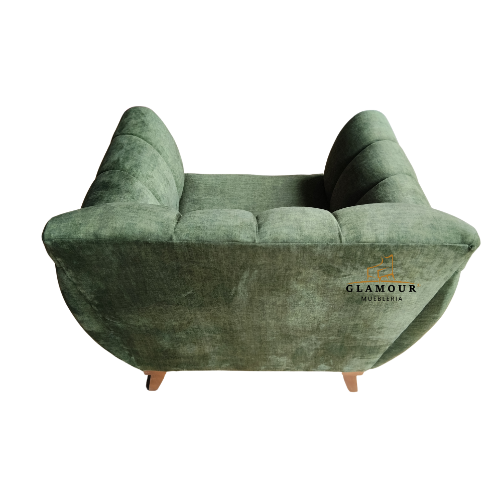 SILLÓN IND ESMERALDA Sillón Esmeralda verde vista posterior con base tono madera